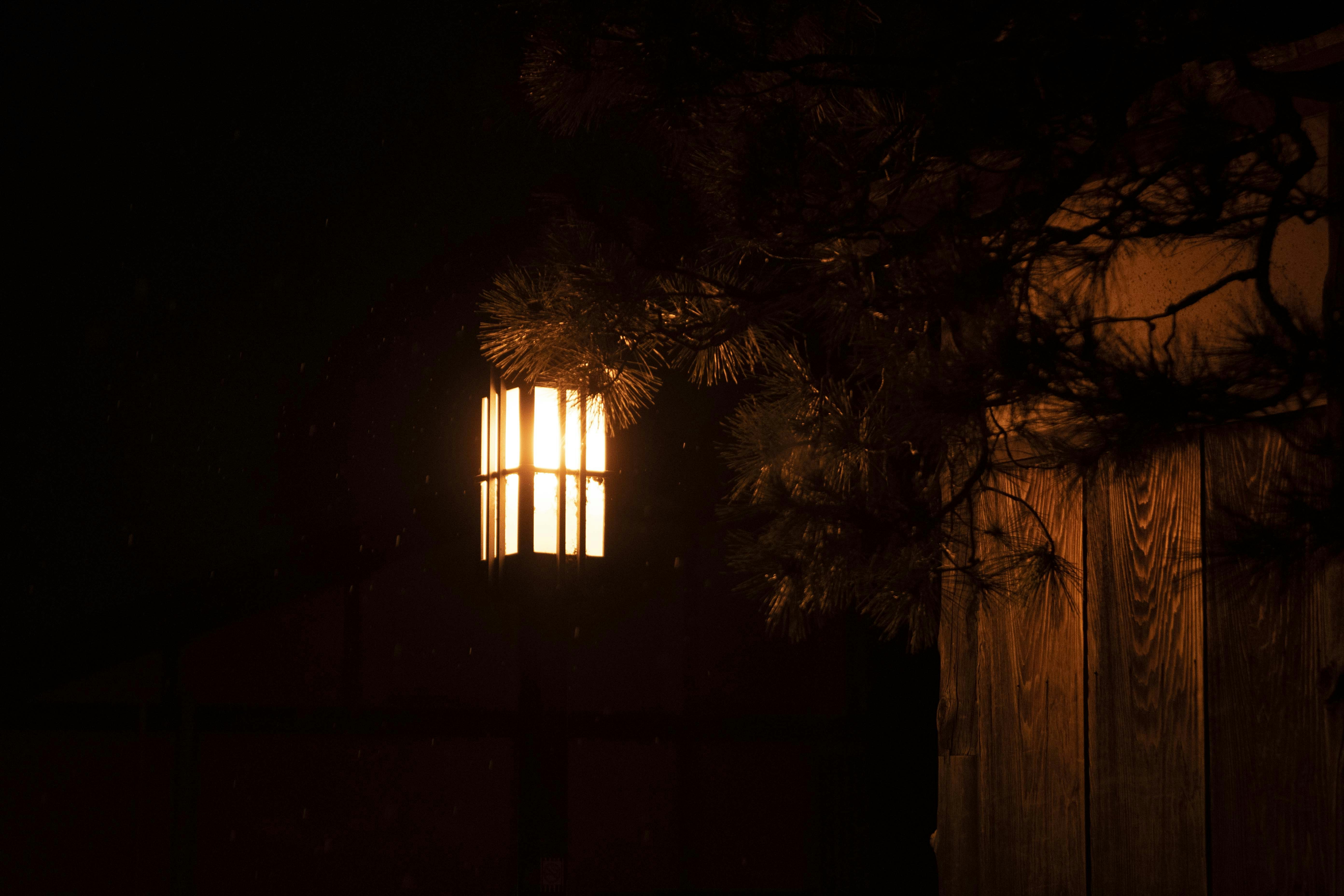 a light shines through the window of a house, 