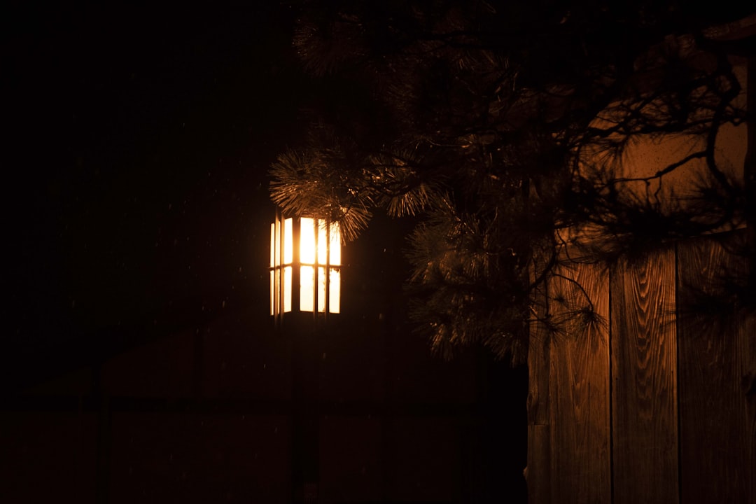 a light shines through the window of a house,