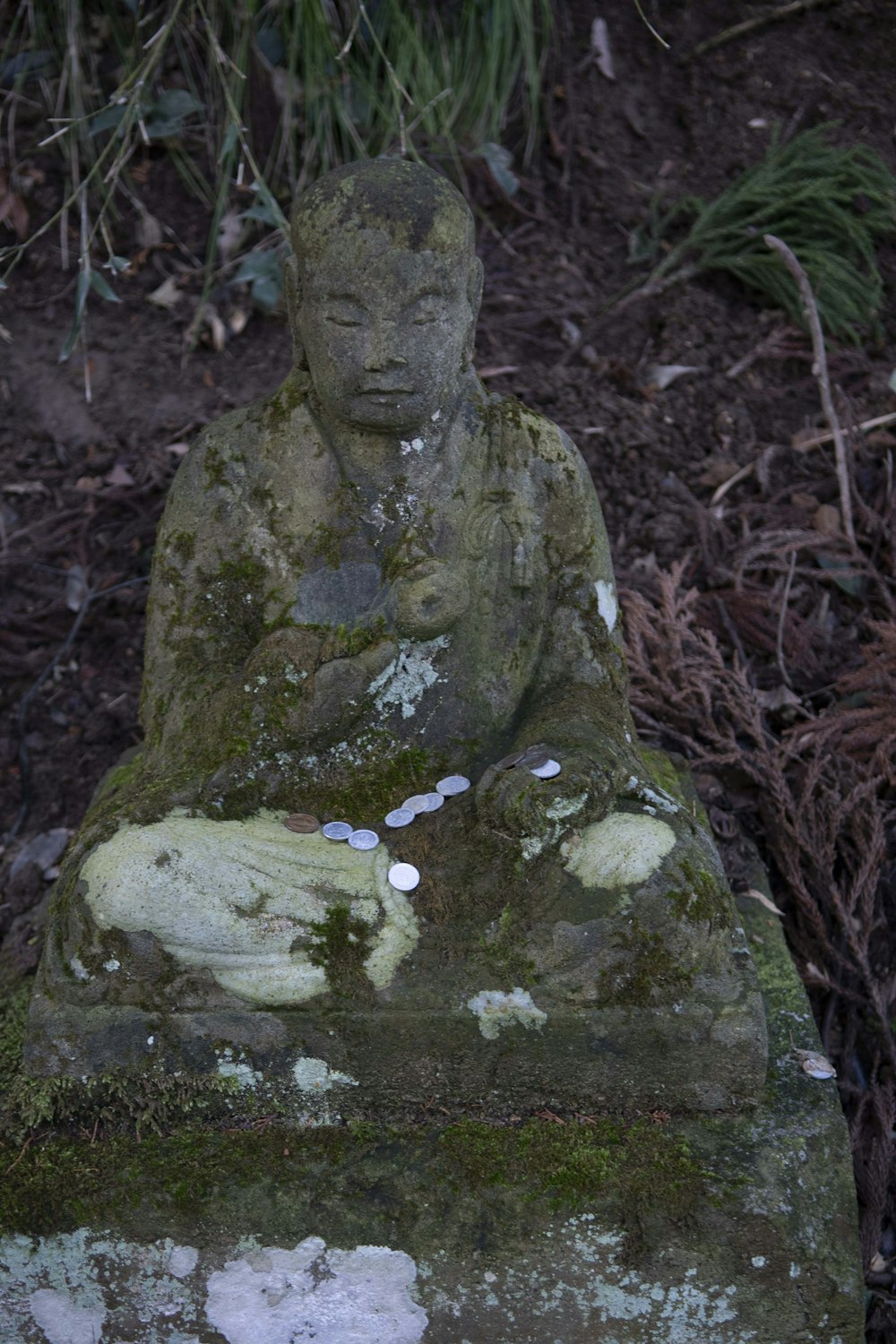 a statue sitting on top of a moss covered ground
