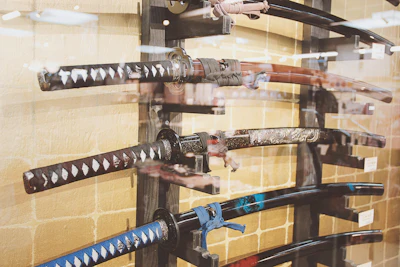 Display case of traditional Japanese kitchen knives in a specialty shop