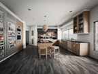A sleek, custom-built modular kitchen with warm wood tones and modern fixtures.