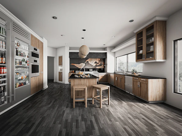 A stylish, modern modular kitchen setup showcasing sleek wood finishes and clever storage solutions.