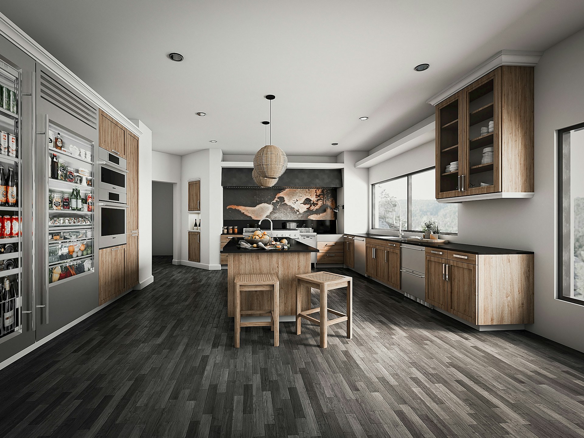 A modern kitchen with sleek wooden cabinetry and stainless steel appliances. The room features a center island with stools, a hanging light fixture, and ample natural light from large windows. Shelving displays various food and beverage items.