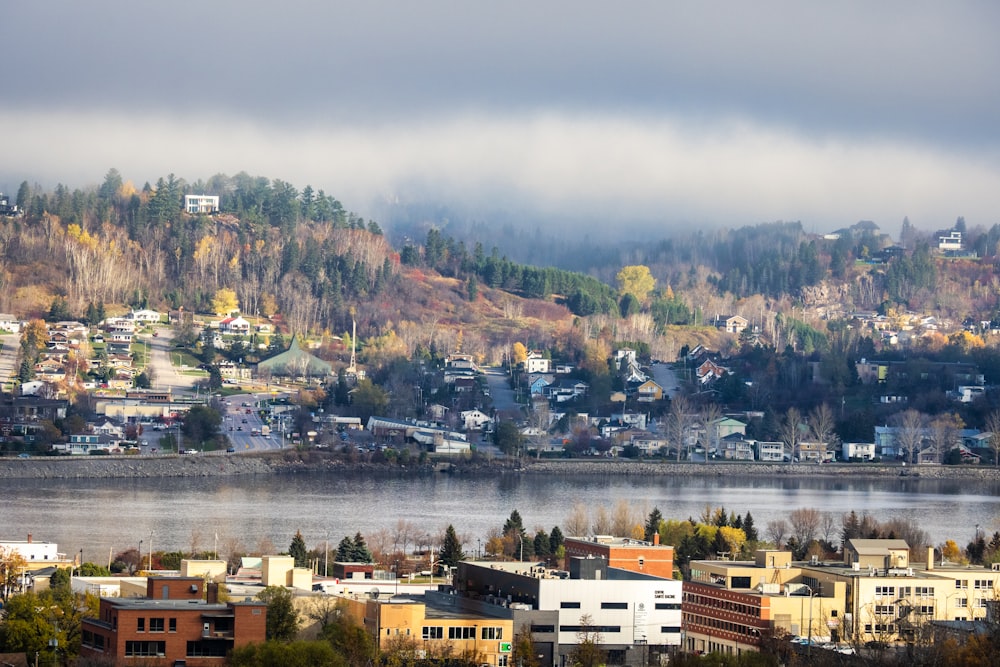 a view of a city with a lake in the foreground