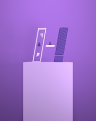 a purple background with a mirror and a door