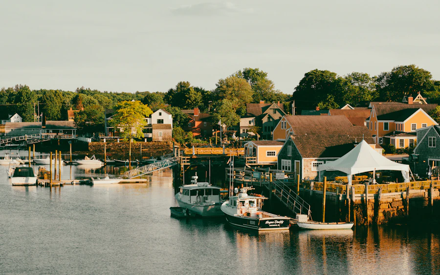 Small fishing boats moored in Portsmouth harbor, a seacoast town covered by free dating sites in New Hampshire