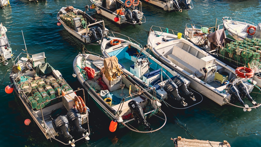 a group of boats are docked in the water