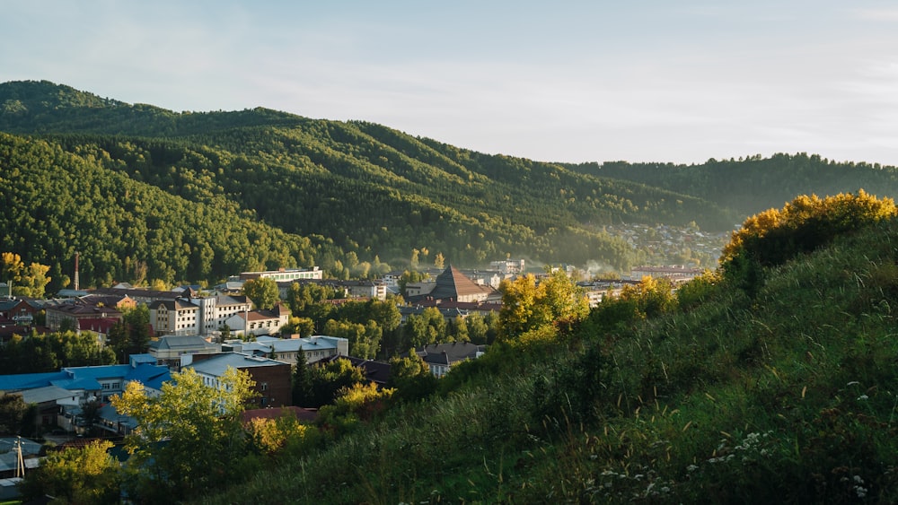 a view of a small town in the mountains