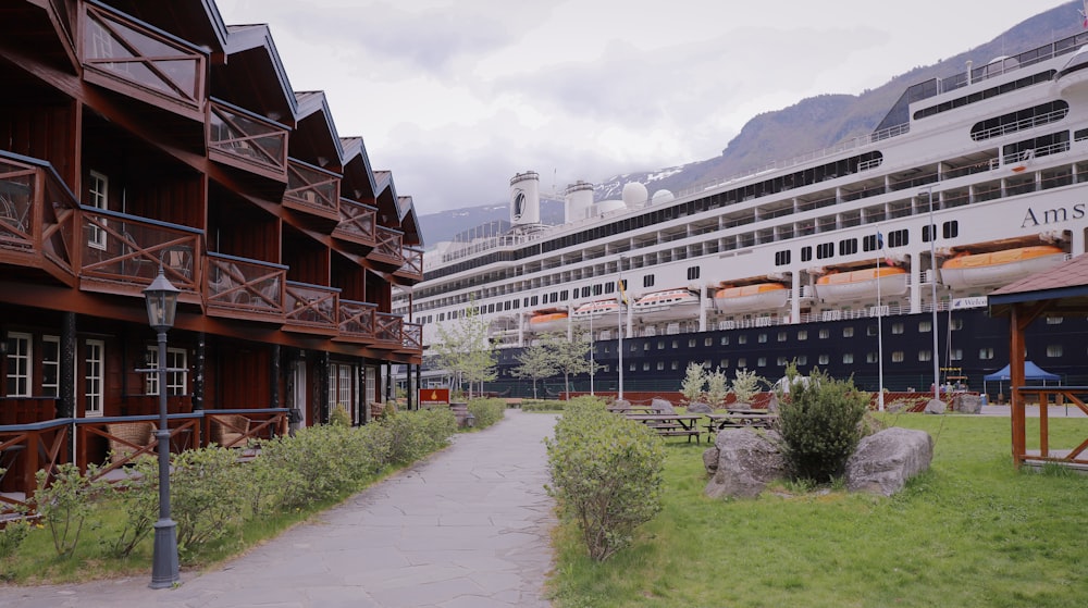 a large cruise ship docked in a harbor