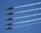 a group of fighter jets flying through a blue sky