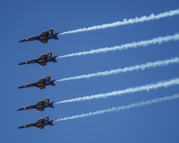 a group of fighter jets flying through a blue sky
