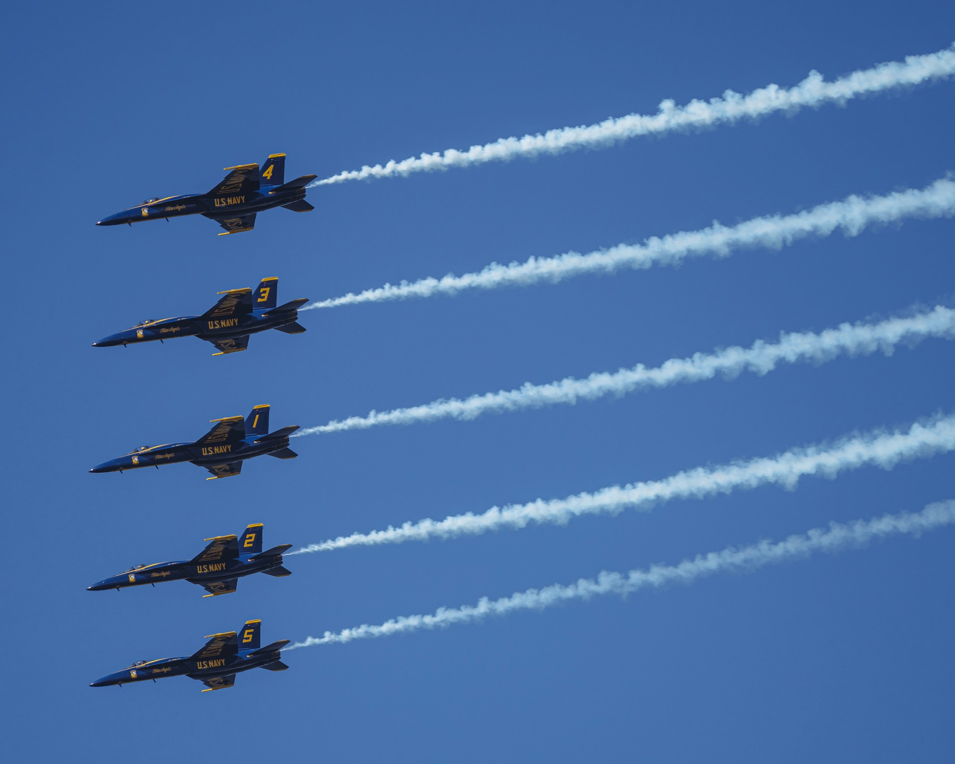 a group of fighter jets flying through a blue sky