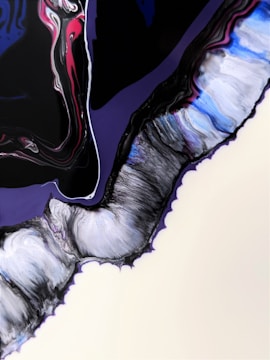 A fluid abstract painting with swirling forms and rich colors, including blacks, blues, purples, and hints of pink and white. The patterns appear to be flowing and merging into each other, resembling marbled textures.