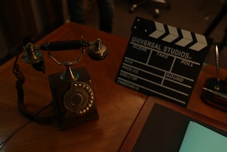 A warm, inviting telephone on a wooden desk with soft lighting.