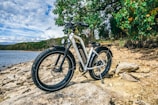 An electric bicycle is parked on rocky terrain by the edge of a body of water with lush greenery in the background. The sky is partly cloudy, suggesting a bright, pleasant day.