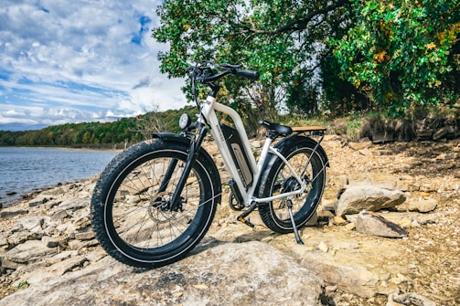 An electric bicycle is parked on rocky terrain by the edge of a body of water with lush greenery in the background. The sky is partly cloudy, suggesting a bright, pleasant day.