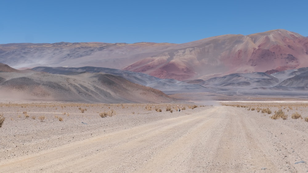 a dirt road with mountains in the background