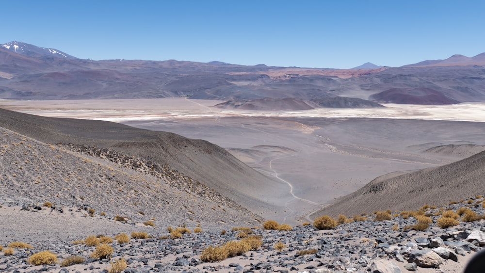 a view of a valley with mountains in the background