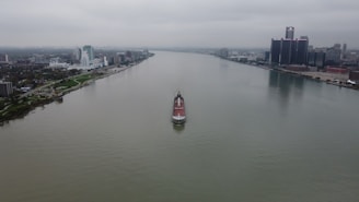 A large ship is cruising down a wide river with urban cityscapes on both sides. The skyline on the right is dominated by tall skyscrapers, while the left has smaller buildings and more greenery. The sky is overcast, creating a moody atmosphere.