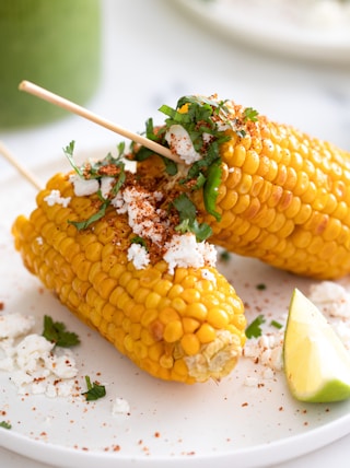 two corn on the cob on a white plate