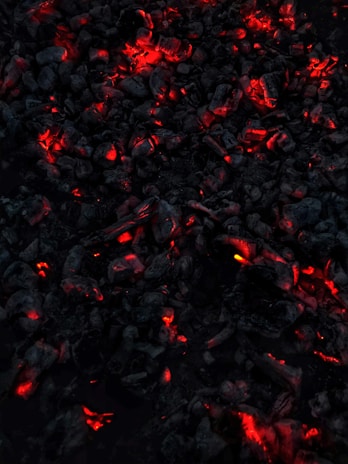 Dark charcoal pieces glow with vivid red and orange embers, creating a striking contrast against the surrounding blackened ash. The overall appearance suggests smoldering coals emitting warmth and light.
