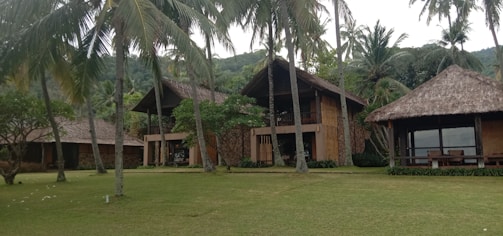 A large, rustic villa complex surrounded by lush greenery and tall palm trees. It features traditional thatched roofs and wooden structures, set against a backdrop of forested hills.