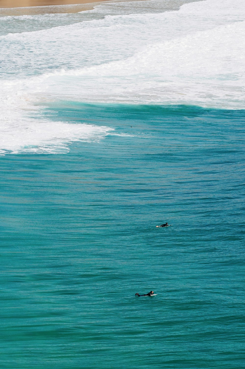 a group of people riding surfboards on top of a wave