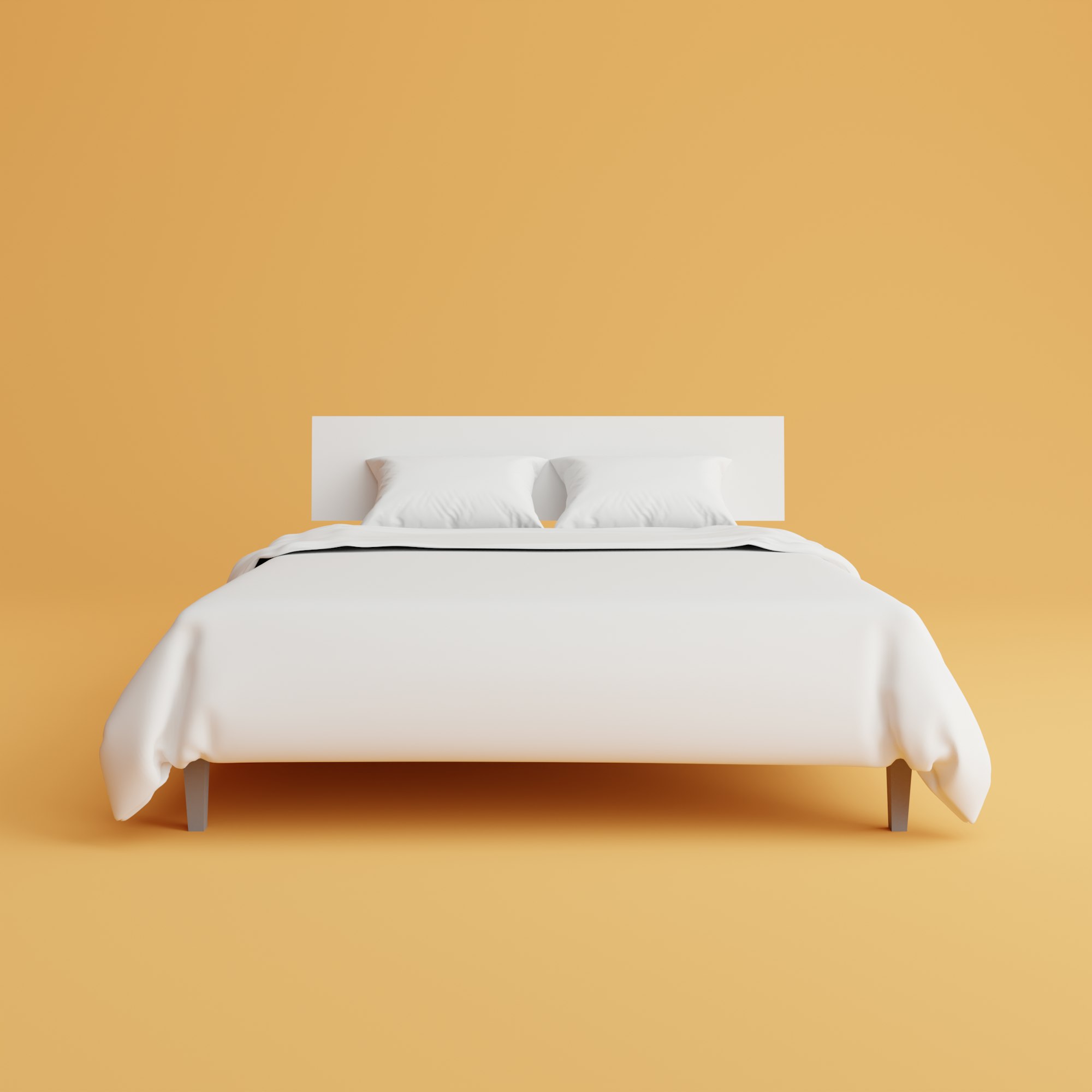 3D Render double bed with bedcover and pillow on yellow background