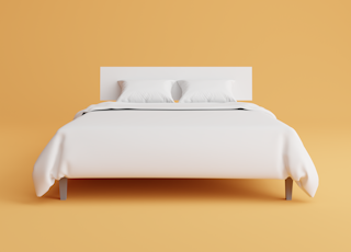 3D Render double bed with bedcover and pillow on yellow background