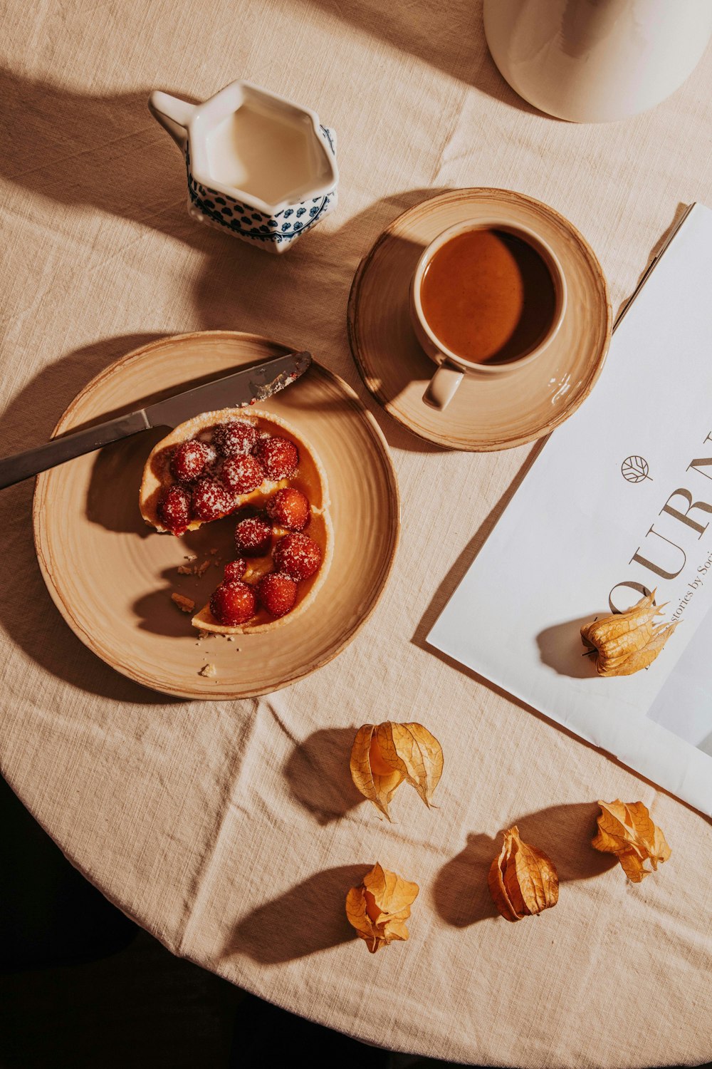 a table topped with a plate of food next to a cup of coffee