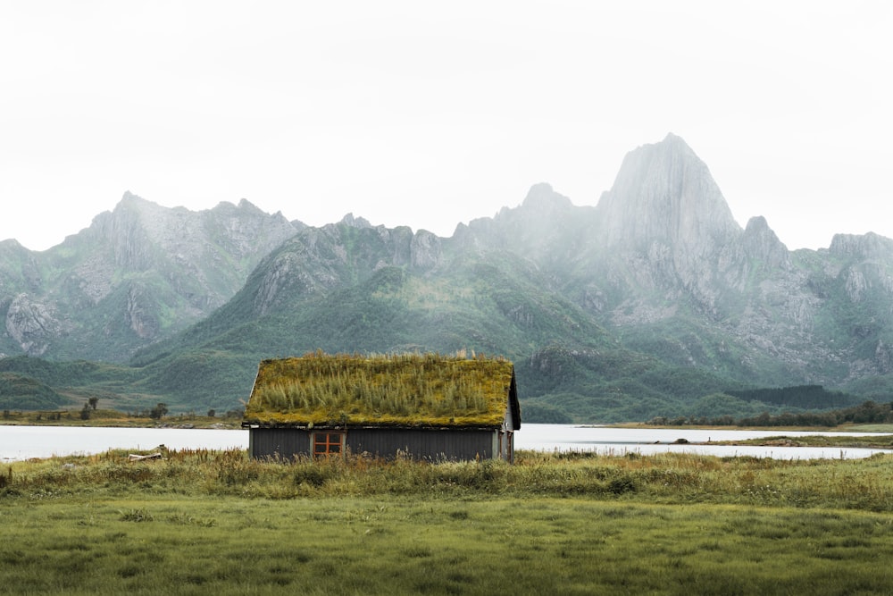 Una casa con techo de hierba frente a una cordillera