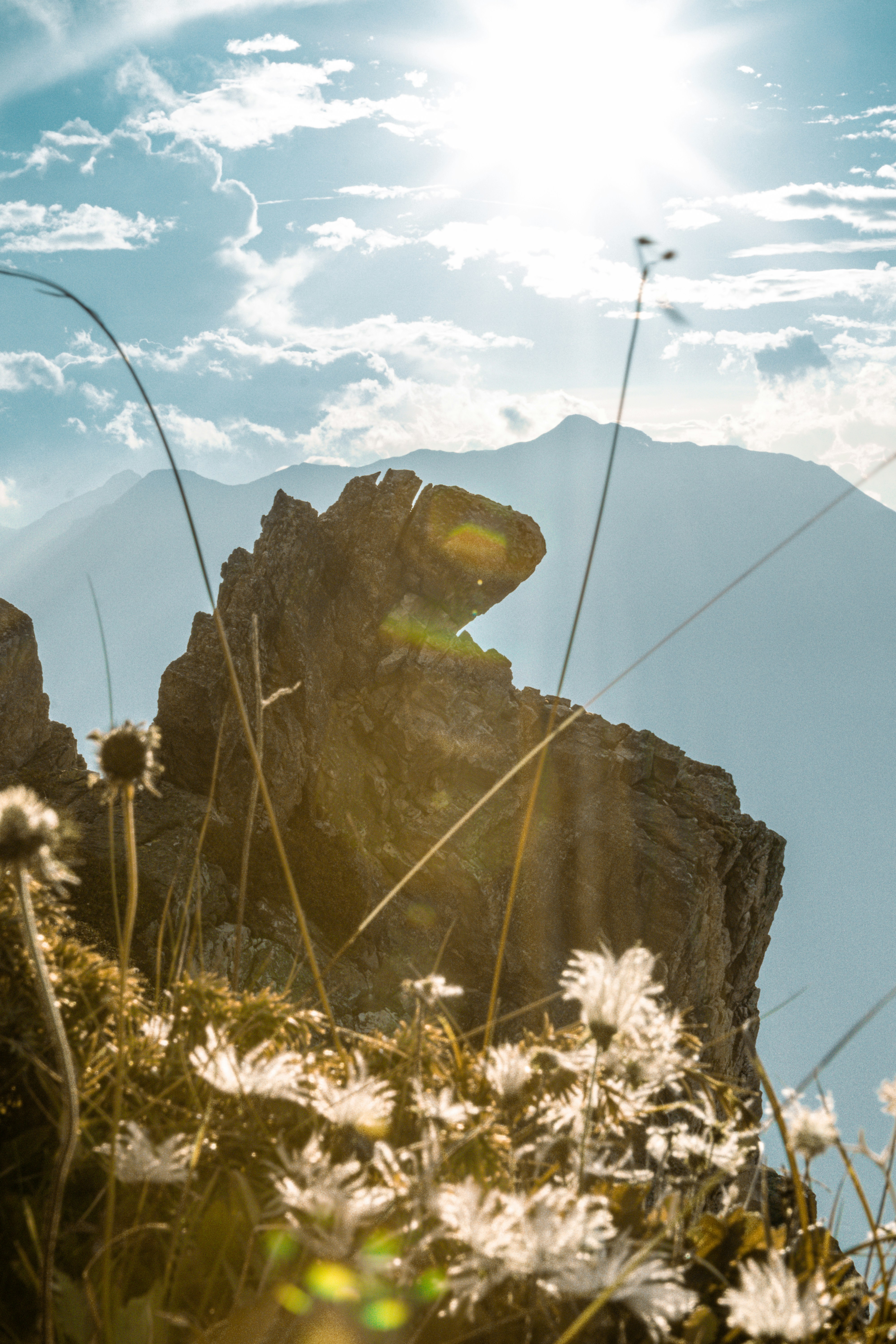 the sun shines brightly on a rocky outcropping