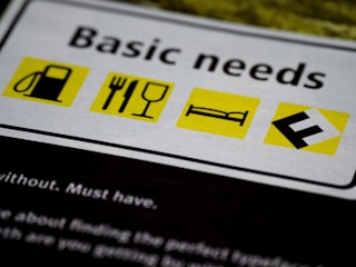 A close-up of a poster with the heading 'Basic needs' and four icons. Each icon is placed on a yellow background: a gas pump, cutlery with a wine glass, a bed, and a letter E on a tilted square.