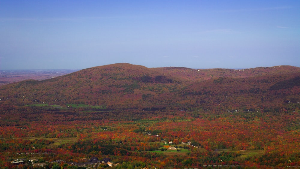 a scenic view of a mountain range in the fall