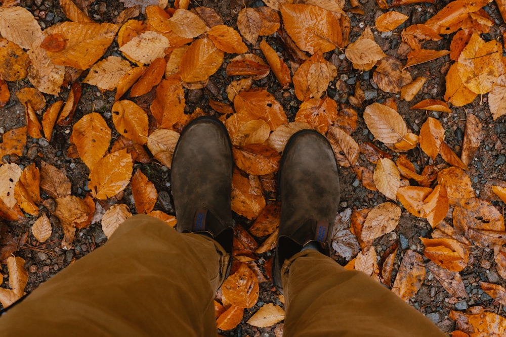 uma pessoa em pé na frente de uma pilha de folhas