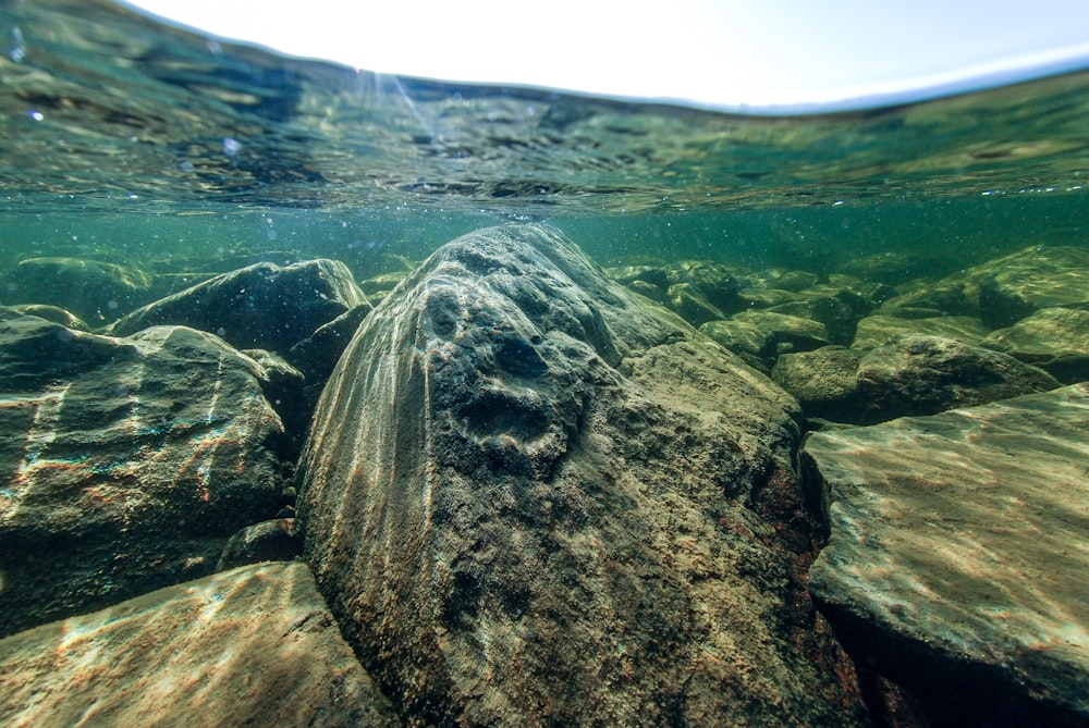 an underwater view of rocks and water