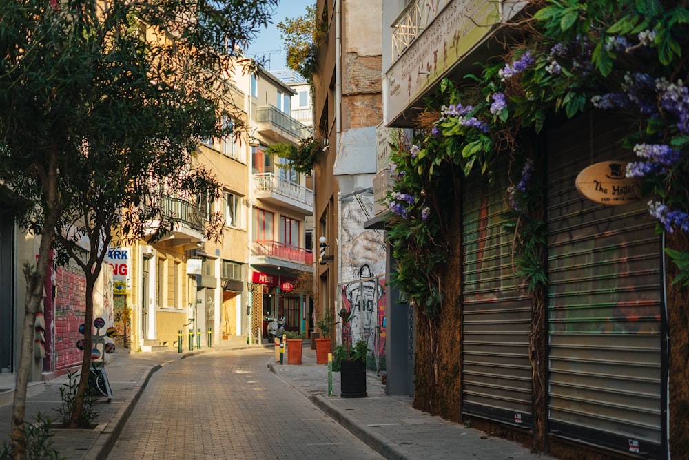 a narrow city street lined with tall buildings