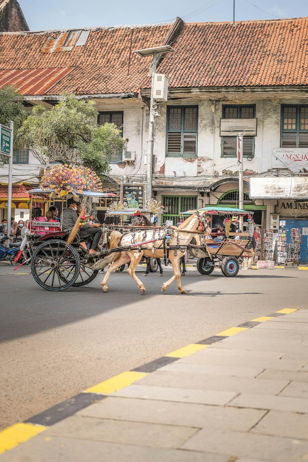 a horse drawn carriage traveling down a street