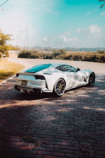 A sleek sports car parked beside a content creator filming a dynamic automotive review outdoors.