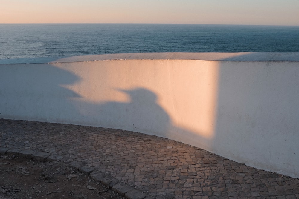 a shadow of a person on a wall next to the ocean