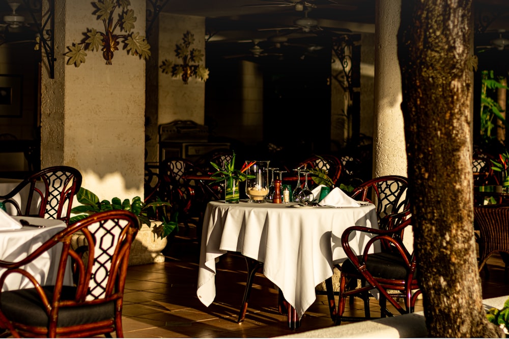 a table with a white table cloth on it