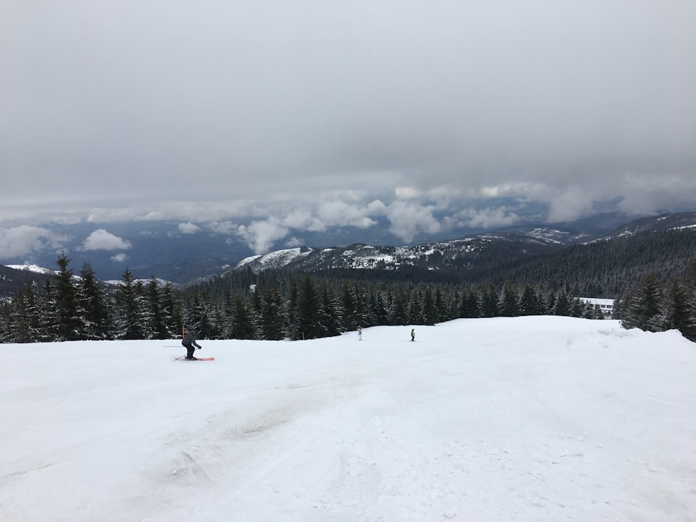 雪に覆われた斜面の上でスキーに乗る人々のグループ