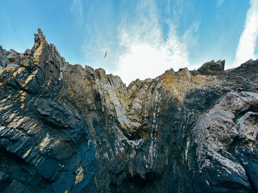 a bird flying over a rocky cliff under a blue sky