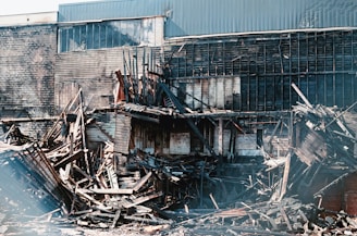 a building that has a bunch of debris in front of it