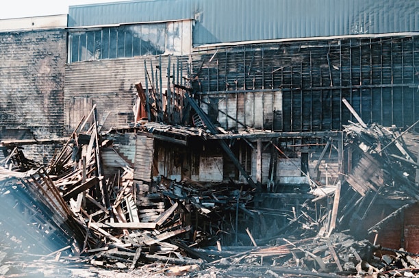 a building that has a bunch of debris in front of it