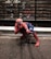 A person in a Spider-Man costume crouches on a sidewalk in front of a storefront displaying multiple shoe boxes. The window has the text 'Converse All Star 100th Anniversary' printed on it. The costume is red and blue with a web pattern, and the pose mimics Spider-Man's signature web-shooting action.