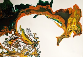 An abstract artwork composed of swirling colors and intricate patterns. Dominant hues include green, orange, and yellow, creating a dynamic and organic flow across the canvas. The paint appears to be marbled, adding texture and depth.