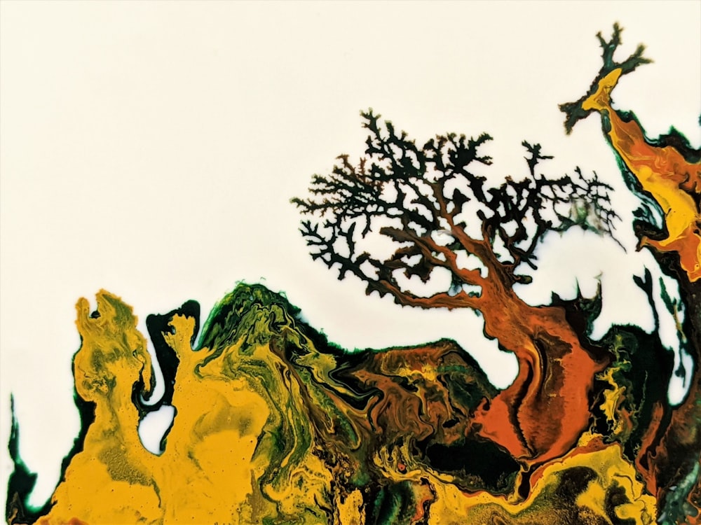 a painting of a tree with a bird flying over it