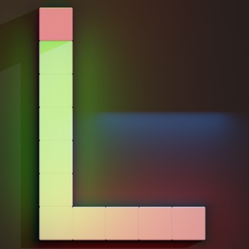 An arrangement of square tiles forms the letter 'L' on a dark, gradient background. The vertical part of the 'L' consists of five green tiles with a red tile on top. The horizontal part is made up of five white to light pink tiles.