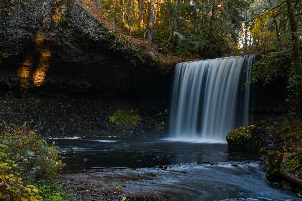 a small waterfall in the middle of a forest